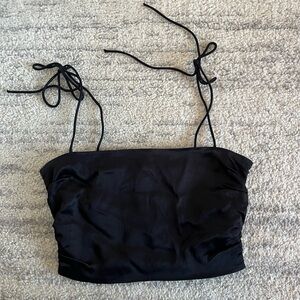 Zara Satin Black Ruched Crop Tank Top Tie Shoulders